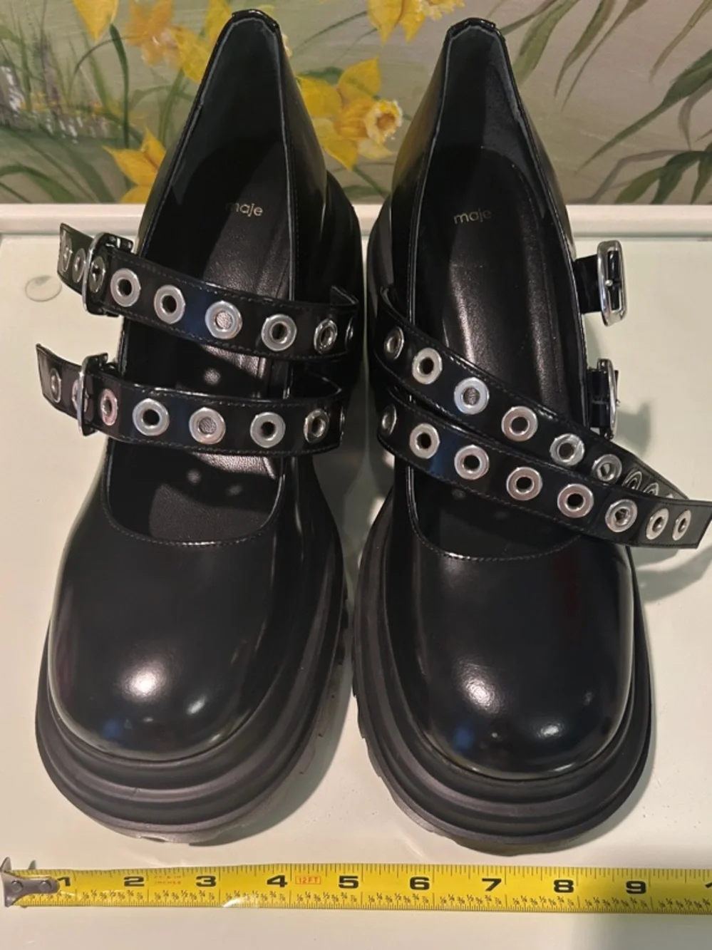 NWOB Maje Black Leather Platform Mary Jane “Babies” with Silver Eyelets